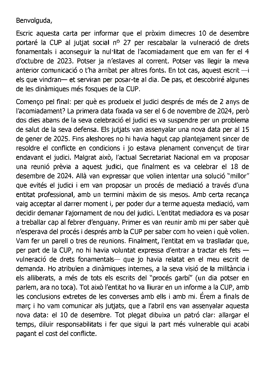 Tvbi_'s tweet photo. El 10 de desembre portaré la @cupnacional als jutjats per vulneració de drets fonamentals i nul·litat en l'acomiadament. No és només una disputa laboral, sinó la denúncia d'un funcionament pervers d’una organització que es diu d’esquerres.

A la carta ho explico amb tot detall https://t.co/UNmtQpKzgF
