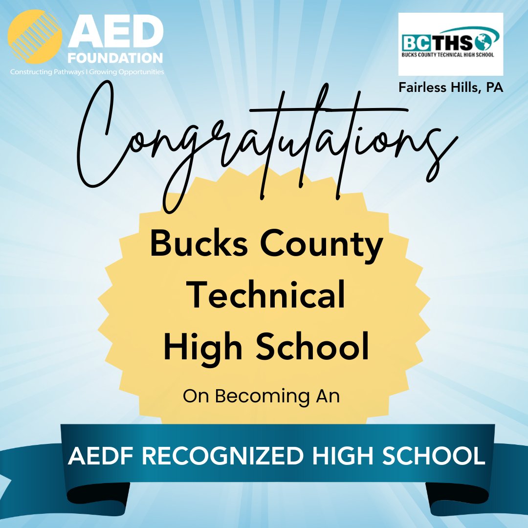 The AED Foundation is proud to recognize Bucks County Technical High School as one of the newest AED Foundation Recognized High School Programs!

Interested in earning becoming an AED Foundation Recognized High School Program? Contact Karina Utreras at kutreras@aednet.org, today!