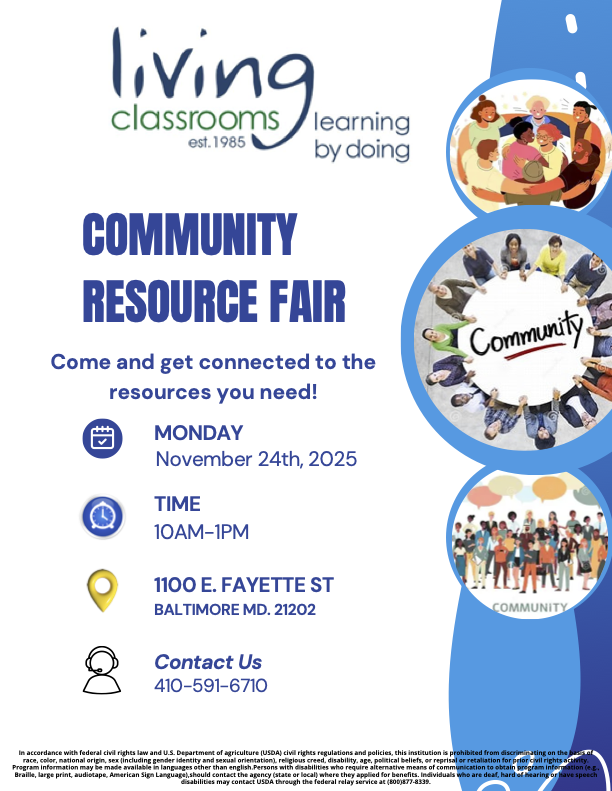 Living Classrooms is having a community resource fair! 🤩 

Open to residents looking for valuable community resources, workforce training programs, and support services.

🗓️ November 24th
🕙 10am to 1pm
📍1100 E. Fayette St.