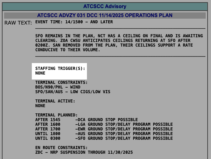 For one of the first times since the 43-day government shutdown began, the FAA’s airspace plan shows no ATC facilities with short staffing. Here’s the FAA’s update from 10 a.m. ET.