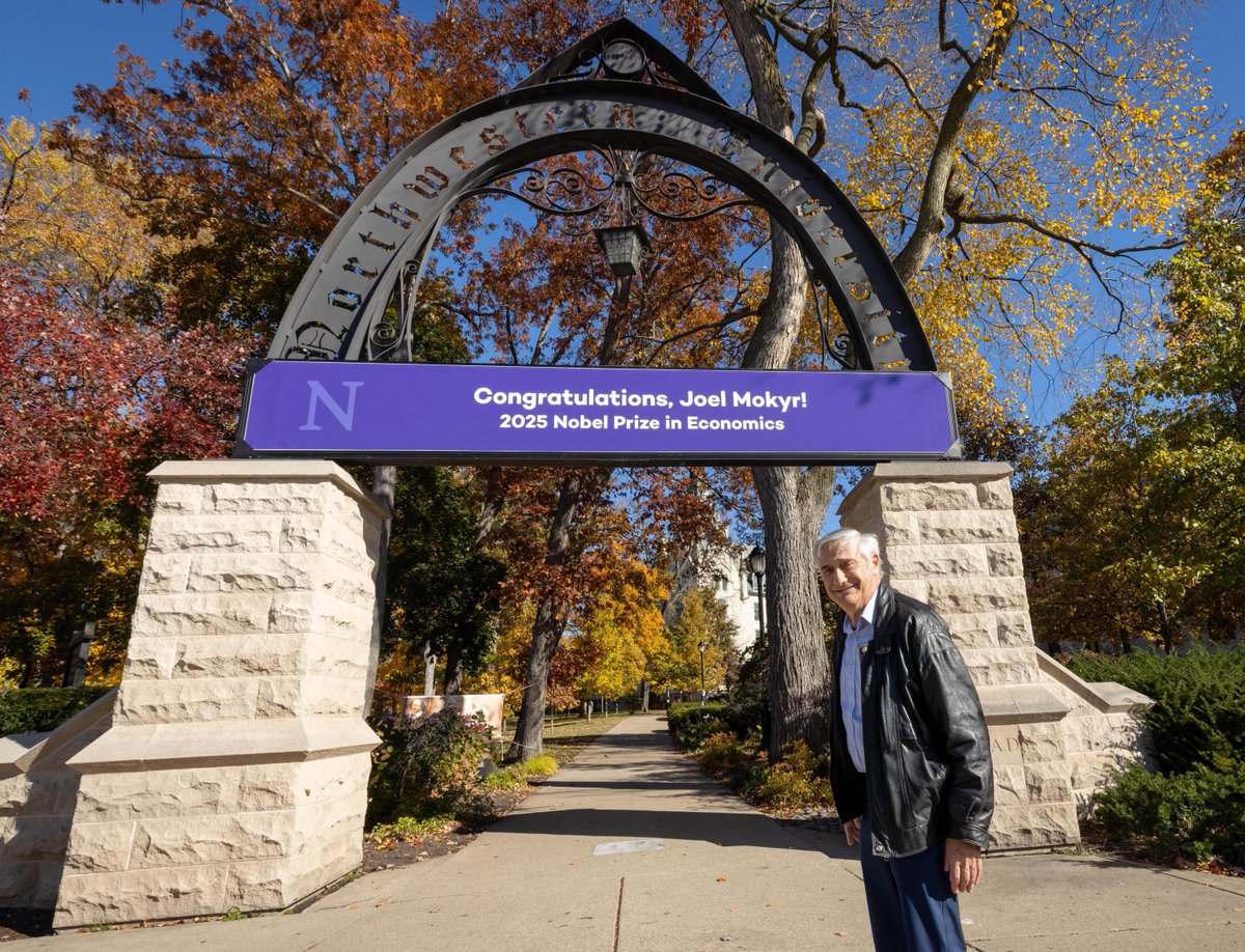 NorthwesternU's tweet photo. The @NobelPrize: A banner achievement. 🏅

Prof. Joel Mokyr was joined by his PhD students in History and Economics at the Weber Arch, decorated in honor of his #NobelPrize in Economic Sciences. Congratulations, Prof. Mokyr! 💜 https://t.co/EfUSF9yyHh