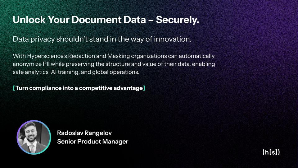 HyperscienceAI's tweet image. Enterprises sit on a goldmine of document data, from paystubs to tax forms, but strict privacy regulations keep that data locked away. Our latest blog explores how our redaction and masking with synthetic data workflow helps organizations. Read the blog: shorturl.at/XAi1x