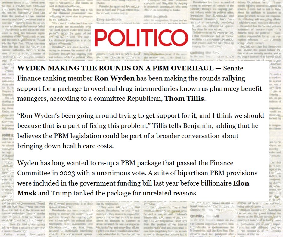 NACDS's tweet image. This morning in @politico: Senator @RonWyden is rallying support for critical pharmacy benefit manager (PBM) reforms. Thank you, Senator Wyden, for your continued leadership on this issue, working to fix the broken PBM system, which puts profits over people and blocks access to…