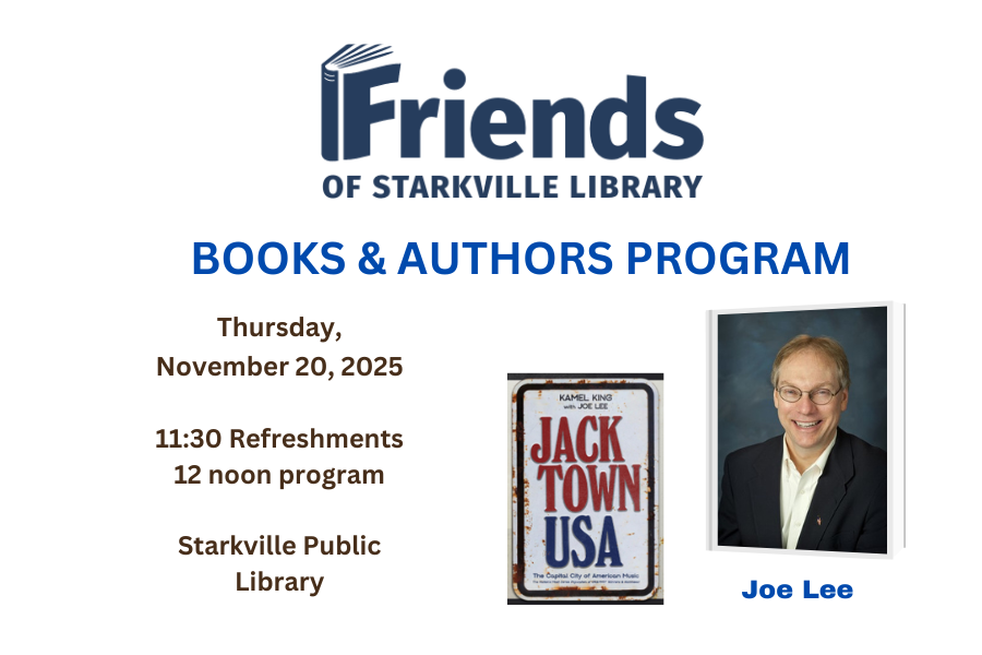 OfStarkville's tweet image. Join us at the Starkville Public Library on Thu, Nov 20 at 12 PM for an author talk with Joe Lee, co-author of Jacktown USA, a look into Mississippi’s blues and southern soul history. Refreshments at 11:30. #StarkvilleLibrary #FriendsOfTheLibrary #JacktownUSA #MississippiMusic