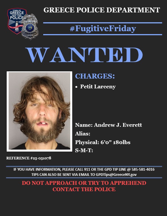🚨#FUGITIVEFRIDAY🚨

👉 Any INFO? 

🗨️Submit an anonymous tip to help our town become a safer place!

📲 CALL the GPD Tip Line at 585-581-4016

📨 EMAIL GPDTips@GreeceNY.gov

<a href="/ROCHNYCRIMEINFO/">ROCHESTER, NY CRIME, INCIDENTS, NEWS, INFO</a>