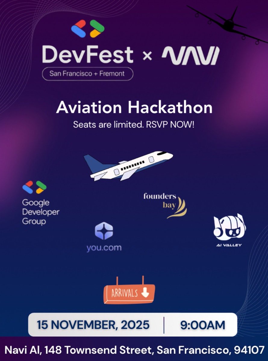 ⏳ 1 Day to Go!

Fasten your seatbelts — the Aviation Hackathon is almost ready for takeoff! ✈️
Join us tomorrow as we build the future of flight intelligence with GDG San Francisco × GDG Fremont.

Nov 15 | 9 AM | Navi AI, San Francisco
RSVP: luma.com/kdfmt2dn?tk=aZ…

#AviHack25