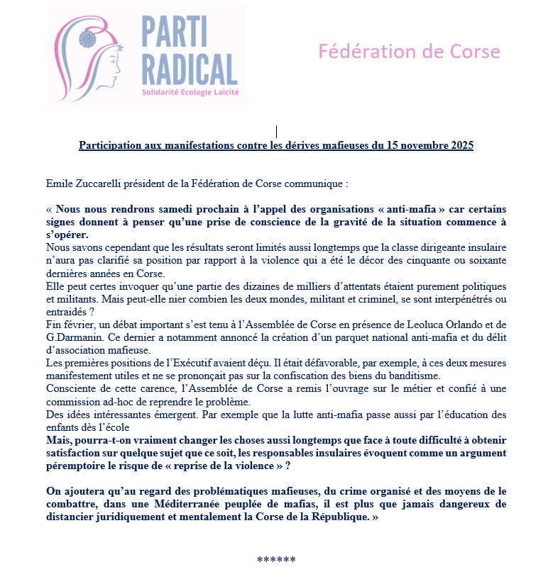 Notre fédération <a href="/Parti_Radical20/">Parti Radical Corse</a> participera aux manifestations #antimafia de samedi 18 novembre. Retrouvez le communiqué d’Emile Zuccarelli son président ⁦<a href="/PartiRadical/">Parti Radical</a>⁩