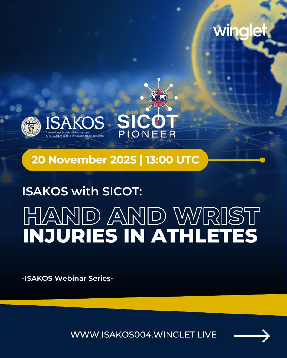 ISAKOS's tweet image. 🔔 NEXT WEEK! 🔔 Join us for the ISAKOS Webinar with @SICOTortho: Hand &amp;amp; Wrist Injuries in Athletes | November 20, 2025, 13:00 UTC

The ISAKOS Webinar Series continues with the next global session - organized by the #ISAKOS Elbow, Wrist &amp;amp; Hand Committee in collaboration with…