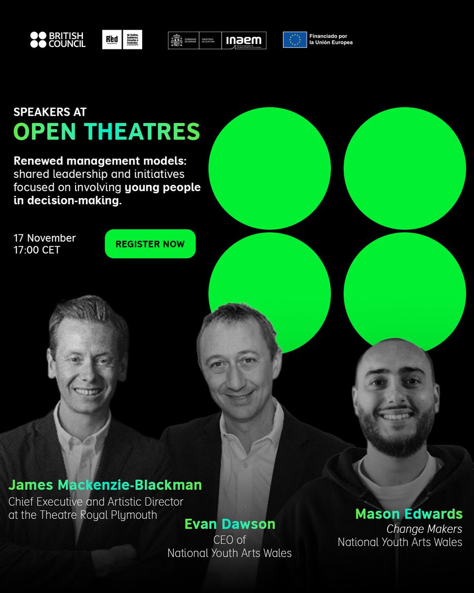 Don’t miss our next free #OpenTheatres webinar: ‘Renewed management models: shared leadership and initiatives focused on involving young people in decision-making’
📅17 November at 17.00 CET

Limited spaces available, sign up now: ow.ly/FiAW50Xra78

<a href="/TRPlymouth/">Theatre Royal Plymouth</a>
