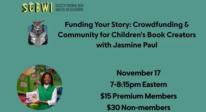 MNZOODDS's tweet image. SCBWI Mid-Atlantic
Funding Your Story - Crowdfunding and Community for Children&apos;s Book Creators
November 17, 2025

Children’s book author and founder of The Wealth Playground, Jasmine Paul, will share how she raised over $65,000 through pitch competitions, grants, and…