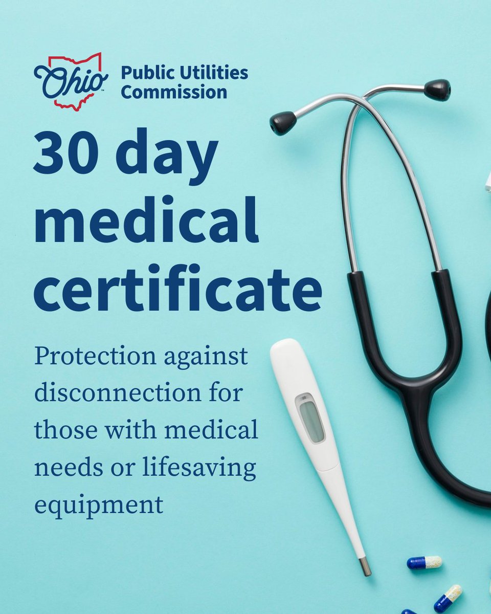 If you or a loved one has a medical condition that relies on utility access, you may be eligible for the 30 day medical certificate.

This certificate prevents disconnection and can be used up to 3 times in a 12-month period.

More info here: puco.ohio.gov/utilities/elec…
