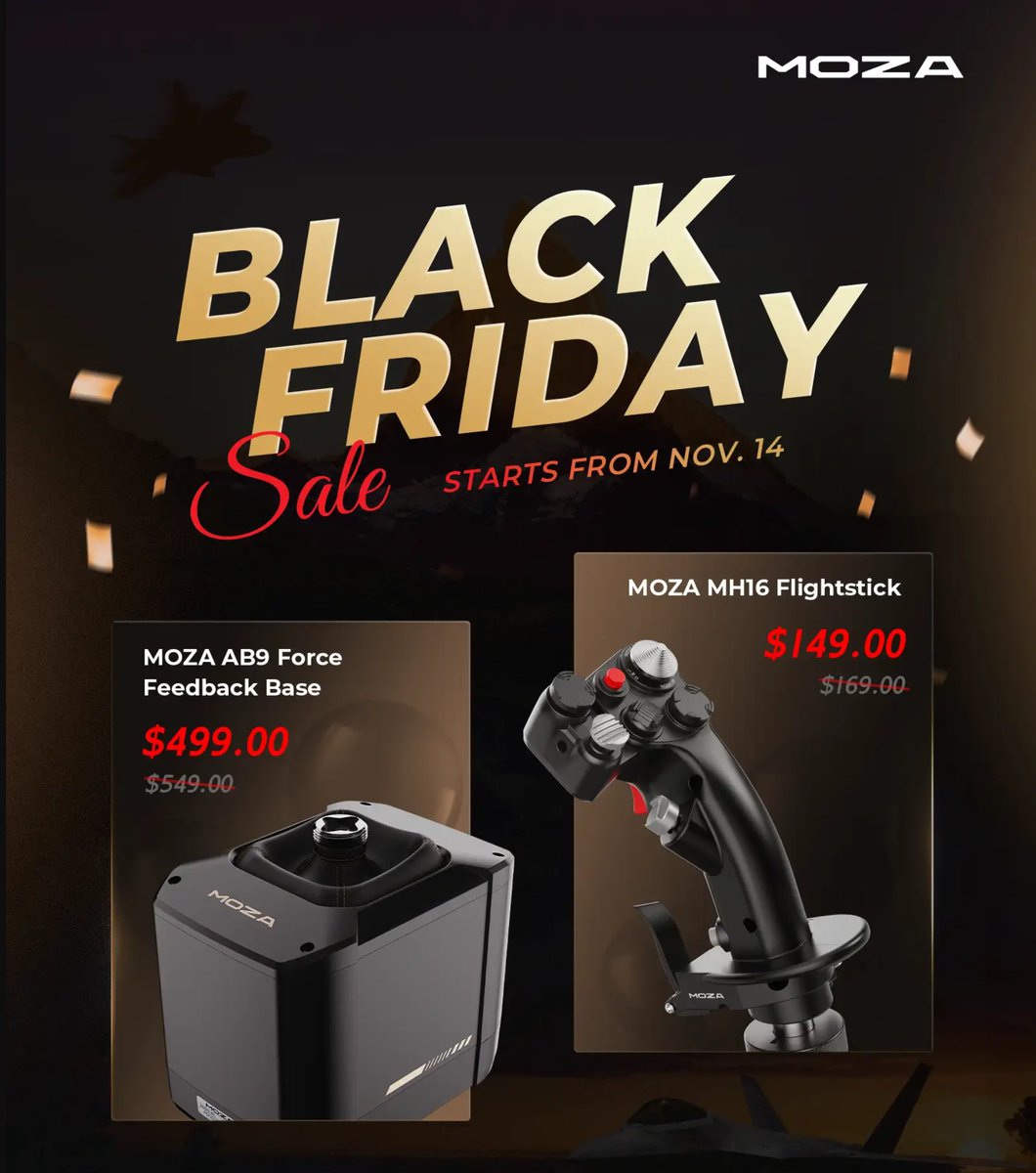 HIPGamesTV's tweet photo. Black Friday Discounts are in full swing with MOZA AB9 FFB Base and MH16 Flightstick at their lowest prices ever — save $70 when you get them together in a bundle! Shop now at https://t.co/1b1sMMc51k 
#moza #ab9 #mh16 #blackfriday #howiplaygamestv https://t.co/Ui0DSCaDgD