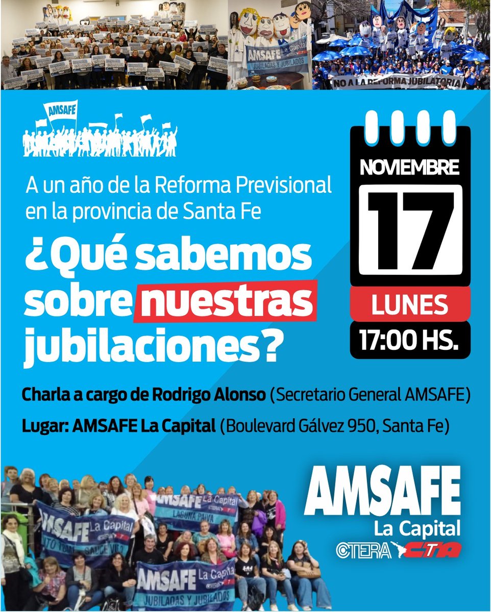 CHARLA DE RODRIGO ALONSO SOBRE JUBILACIONES EN AMSAFE LA CAPITAL

A más de un año de la reforma previsional que avanzó sobre los derechos previsionales de las y los trabajadores de la educación.

📷 LUNES 17/11 a las 17:00 Hs.

¡¡EXIGIMOS LA DEROGACIÓN DE LA REFORMA JUBILATORIA!!