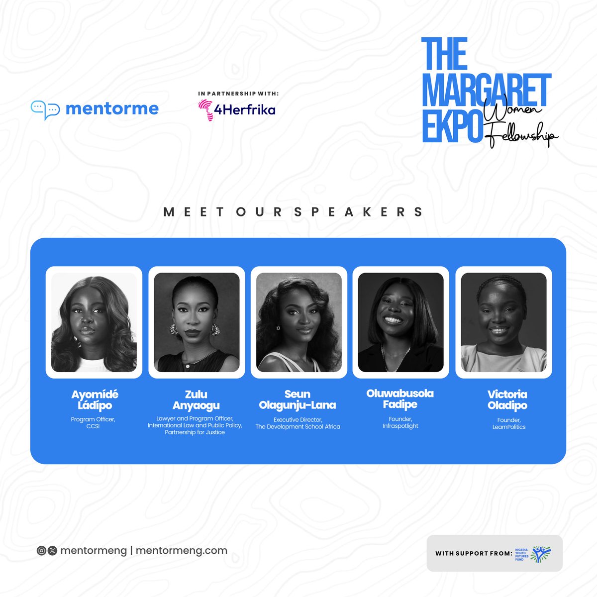 Meet our esteemed speakers; we are so glad to introduce the speakers for the upcoming Margaret Ekpo Fellowship Program. 

The amazing part is that you can still register with the link in the bio to be a part of this movement.  So run now and register before it's too late. 😁