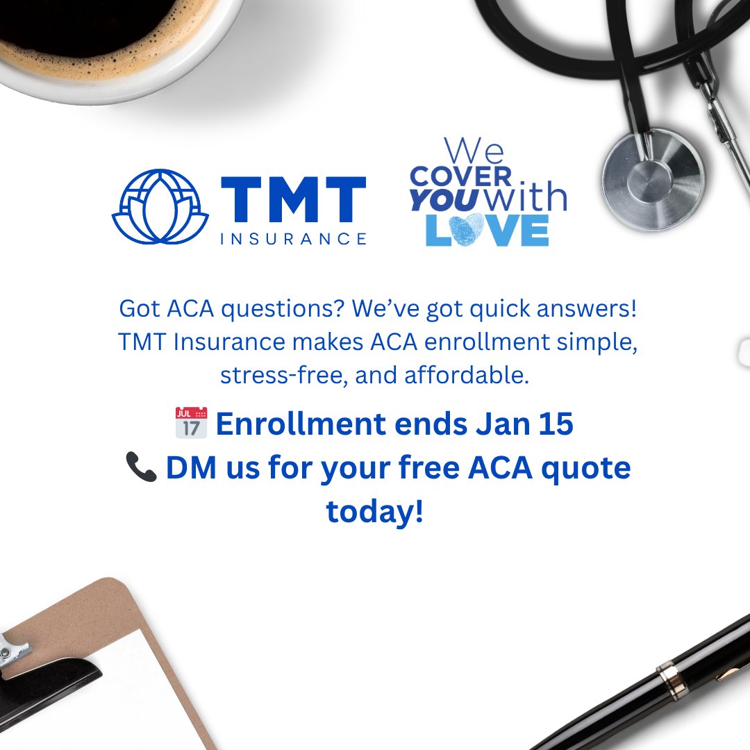 TMT_Insurance's tweet image. Got ACA questions? We’ve got quick answers! 💡
TMT Insurance makes ACA enrollment simple, stress-free, and affordable.

📅 Enrollment ends Jan 15
📞 Message or call us today via 832.770.9972 to get started!
#ACA2025 #AffordablePlans #TMTInsurance