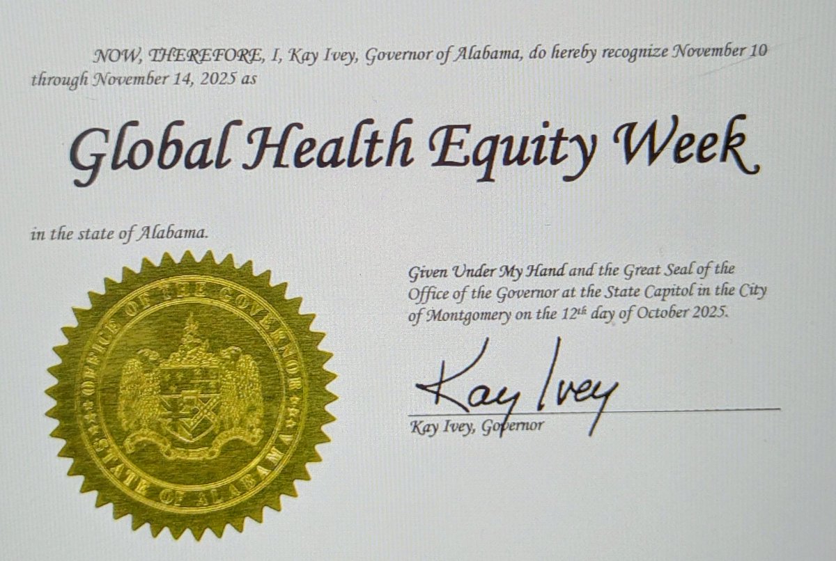 ALHIMSS's tweet photo. Alabama Governor Kay Ivey signed a proclamation recognizing Nov. 10-14, 2025 as Global #HealthEquity Week. View the full proclamation on the Office of the Alabama Governor's website.
https://t.co/aH5jRx1unJ https://t.co/eChimp6EBh