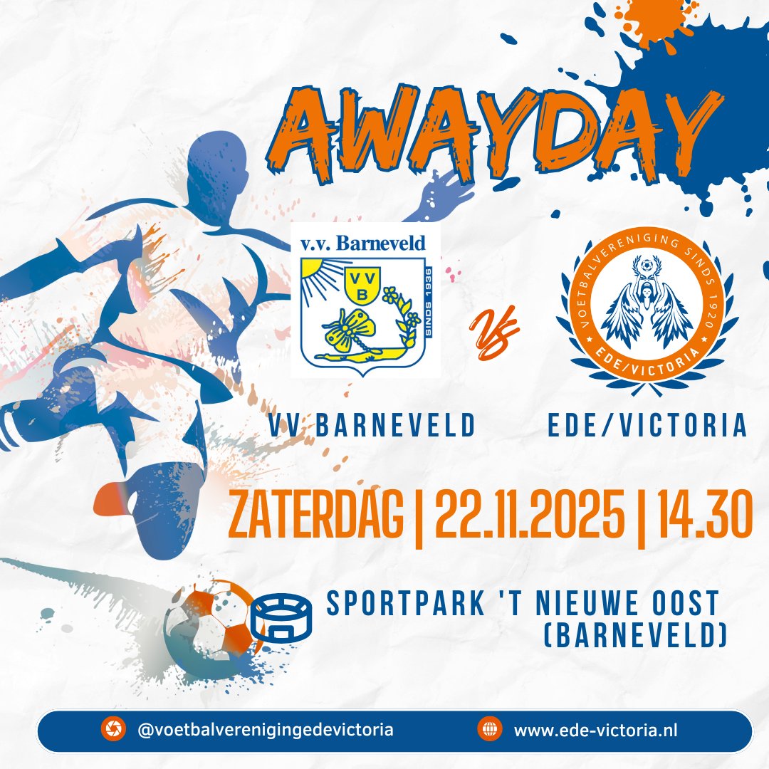 Awayday

📅 ZATERDAG 22NOVEMBER 2025
🕒 14:30 UUR
⚽ VV BARNEVELD🔁 VV EDE/VICTORIA
🏟 SPORTPARK 'T NIEUWE OOST (BARNEVELD)

Voor het volledig programma van alle teams: ede-victoria.nl/116/programma/

<a href="/geldersvoetbal/">VoetbalGelderland.nl</a>  <a href="/EdeStadSport/">EdeStadSport</a> 
#voetbal #competitie #awayday