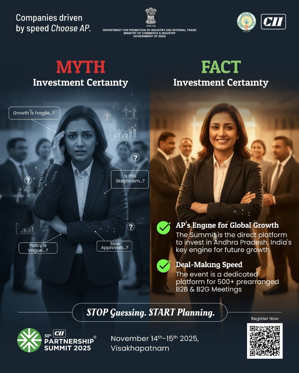 APOfficialNews's tweet image. Stop Guessing. Start Planning. 🚀
CII Partnership Summit 2025 in Vizag brings clarity, speed &amp;amp; certainty to investments.
500+ B2B &amp;amp; B2G meetings, policy stability, fast approvals — AP is turning uncertainty into opportunity.
If growth matters, #ChooseAP.

#CII2025 #VizagSummit…