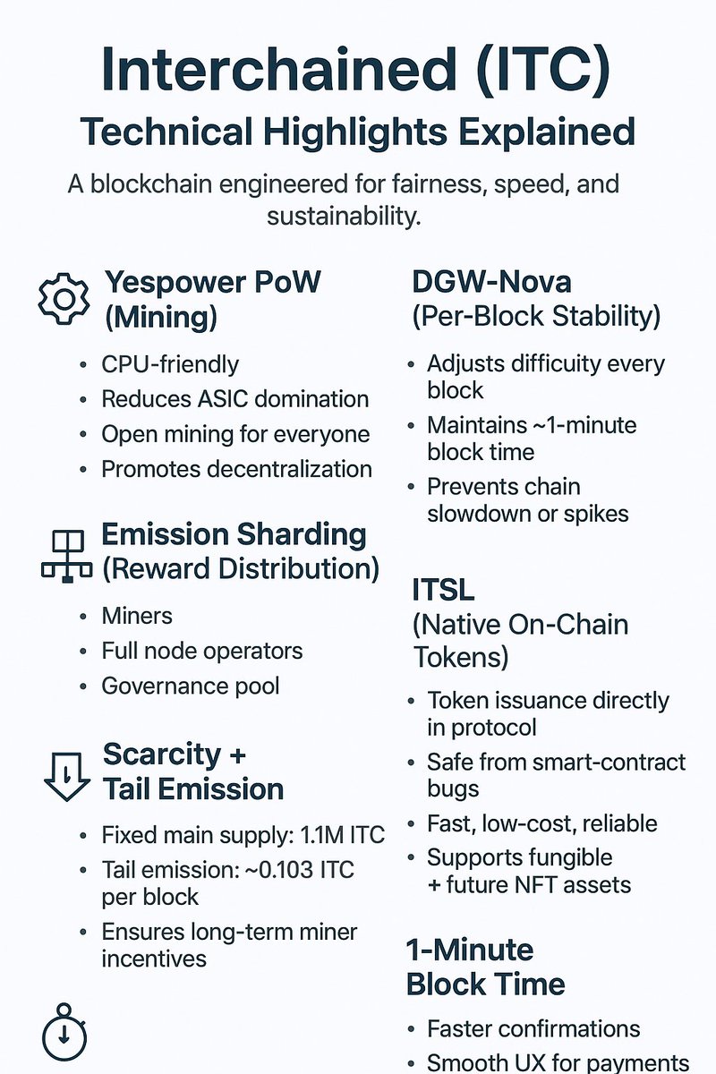 lalashgusau's tweet image. DGW-Nova = Smooth, Stable Blocks ⏱️
Interchained adjusts difficulty every block to maintain ~1-minute block times.
No wild swings. No slow blocks. No congestion.
Just consistent performance and reliable confirmations. #ITC #BlockchainTech