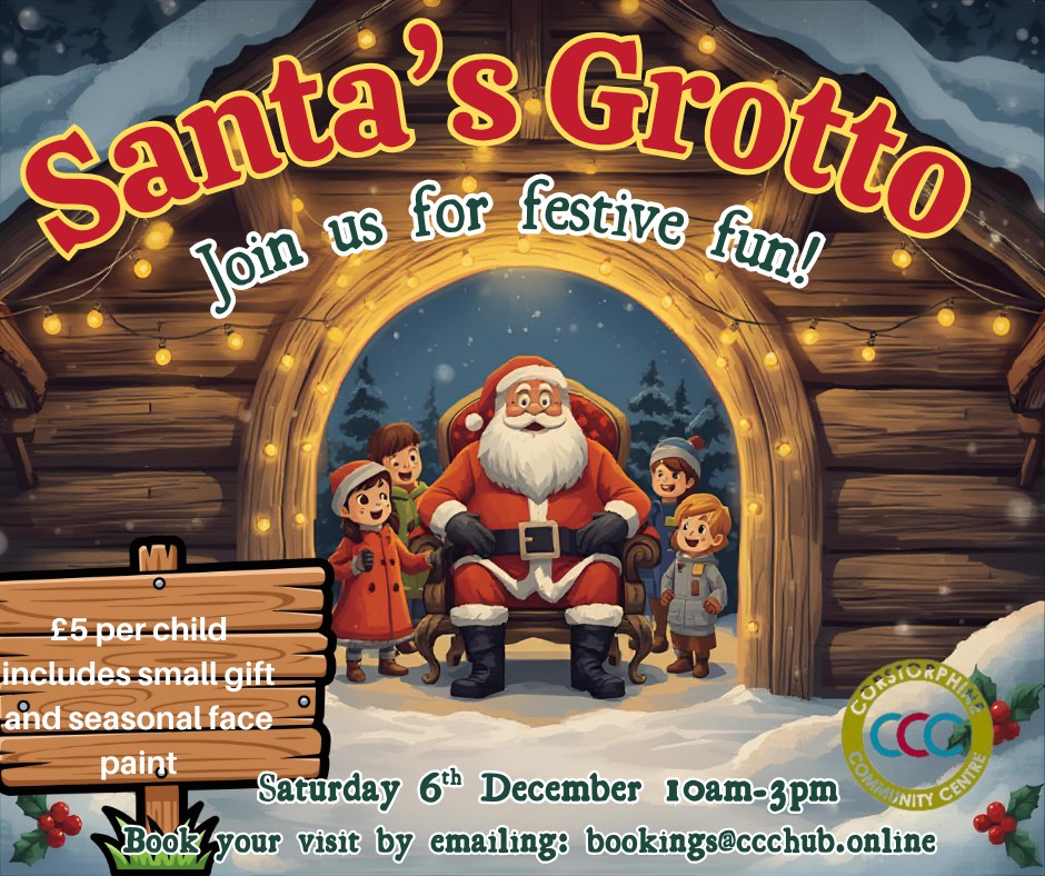 Santa's grotto is just part of the fun at the CCC Christmas Fair on Saturday, 5th December 2025. Book your visit to him via bookings@ccchub.online