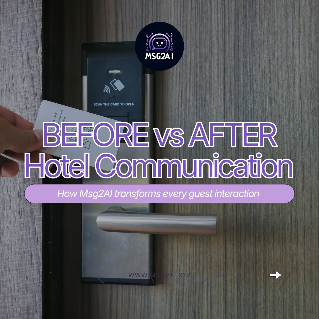 msg2ai's tweet photo. Before: slow replies.
After: instant answers.

Msg2AI elevates hotel communication through SMS/WhatsApp.

Try it -> https://t.co/FG2JLrgAP1

#msg2ai #hoteltech #guestexperience https://t.co/tFmawZm2jC