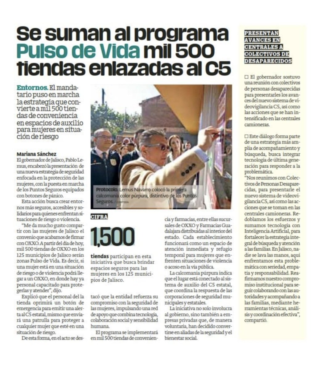 Con la firma de convenio entre el <a href="/GobiernoJalisco/">Gobierno de Jalisco</a> y <a href="/Tiendas_OXXO/">Tiendas OXXO</a>, más de 1,500 sucursales serán "puntos seguros" para las mujeres en el estado.

Aquí les comparto más acerca de esta importante alianza, que forma parte de la estrategia #PulsoDeVida: 👇💜

<a href="/antenanoticias/">Antena Noticias</a>