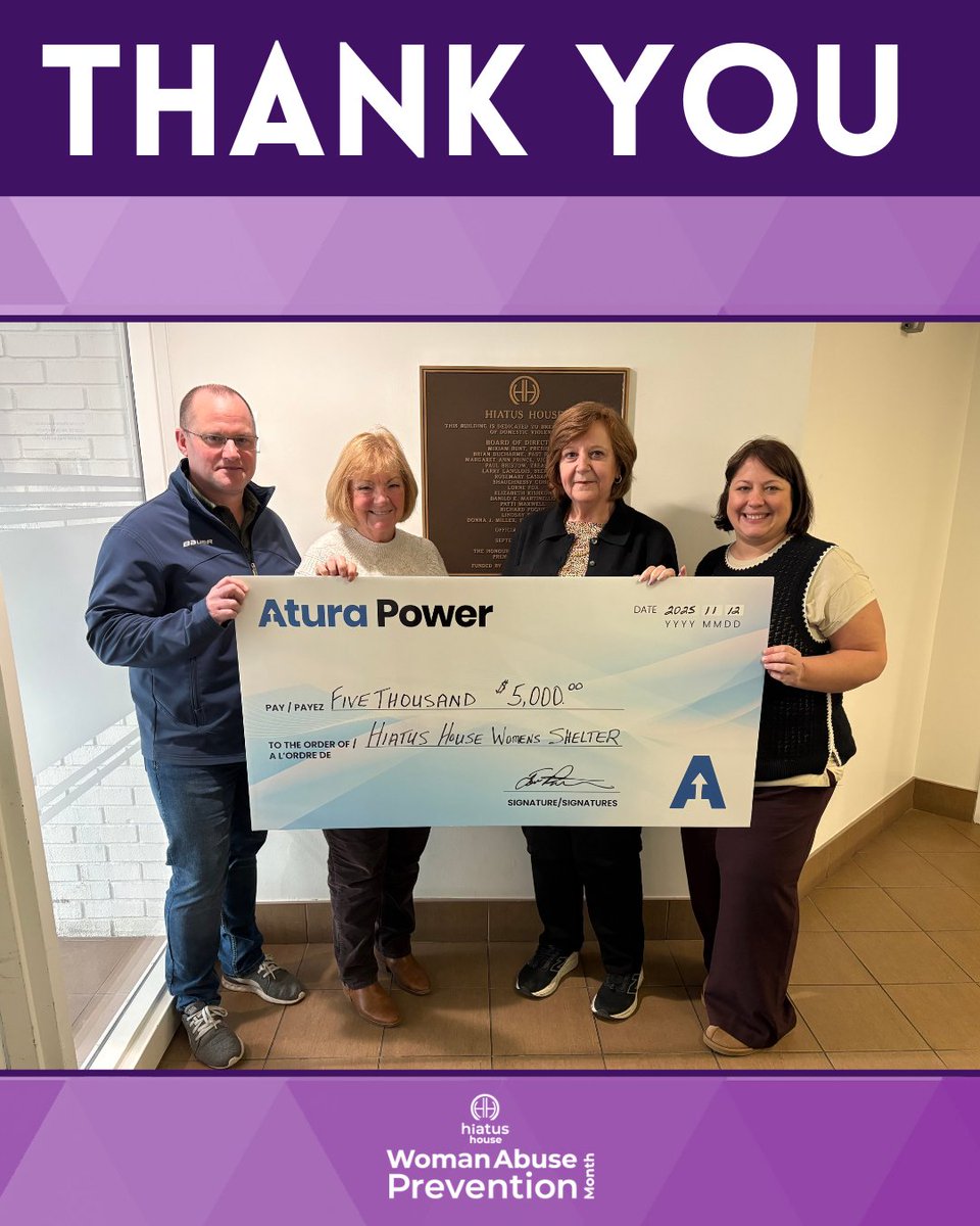 A heartfelt thank you to Lena Colucci, Carla Vlad, and Geoff Saunders from Brighton Beach – Atura Power for your incredibly generous gift during Woman Abuse Prevention Month.

#HiatusHouse #WomanAbusePreventionMonth #DonateHiatusHouse