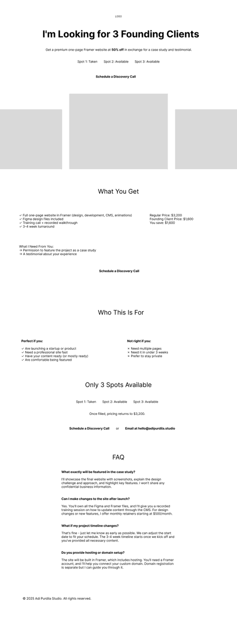 adipurdila's tweet photo. For me, every design project starts with a wireframe like this. Crude, no typography or colors—but it has the content and hierarchy I need.
Building a landing page for a new offer: 3 founding clients, one-page Framer websites at 50% off ($1,600). https://t.co/Nz2FzD3Xmq