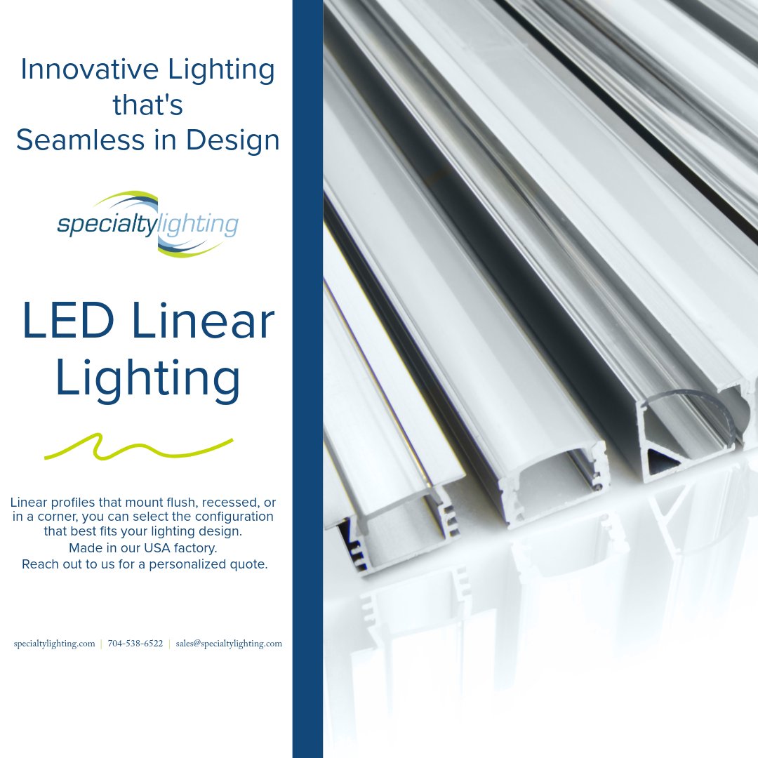 specialtylight's tweet photo. No two projects are the same, and your lighting shouldn’t be either. Our modular approach to LED linear lighting offers you full control. Choose your profile, then select your LED strip, and we will custom-build it at our North Carolina facility. https://t.co/X5ockVNRpR https://t.co/SYigNXmPkW