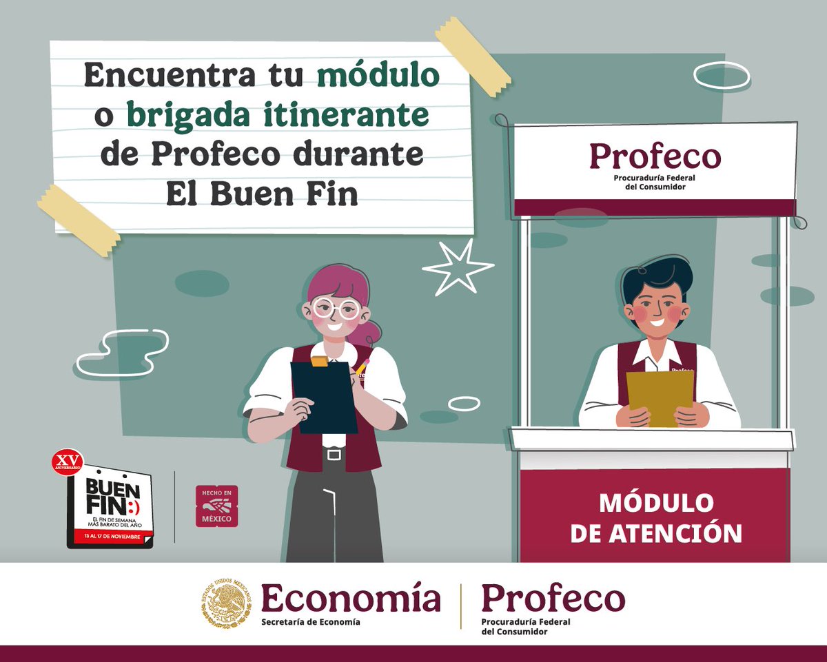 Ante cualquier práctica abusiva o publicidad engañosa que detecten en #ElBuenFin, acérquense a alguno de nuestros módulos de atención o a las brigadas itinerantes que se encuentran en varios puntos comerciales de la República.

Les comparto las ubicaciones:
