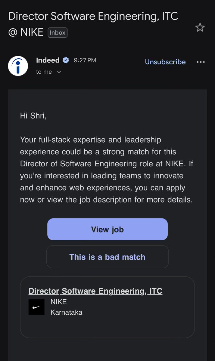 shriomatic's tweet photo. Profile so goated that @indeed wants me to be director of software engine at @Nike. https://t.co/5OsveBBv8r