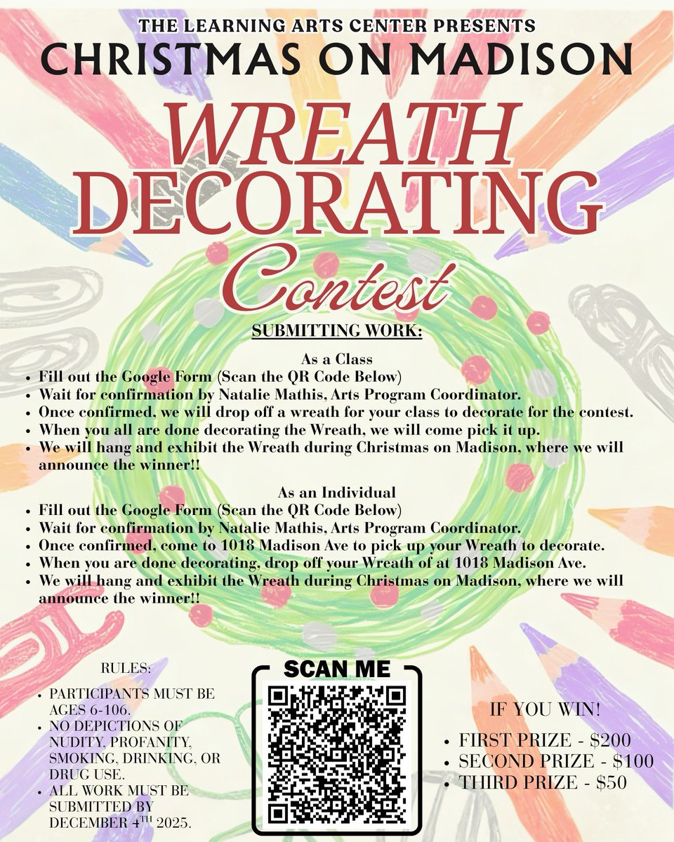 montgcitypandr's tweet image. The Learning Arts Center at The Armory is hosting a Wreath Decorating Contest. We don&apos;t know about you, but we think this sounds super fun! And just check out those prizes. 

Please call 334-625-2581 for more information!

#ourmgm #funinmgm #LearningArtsCenter