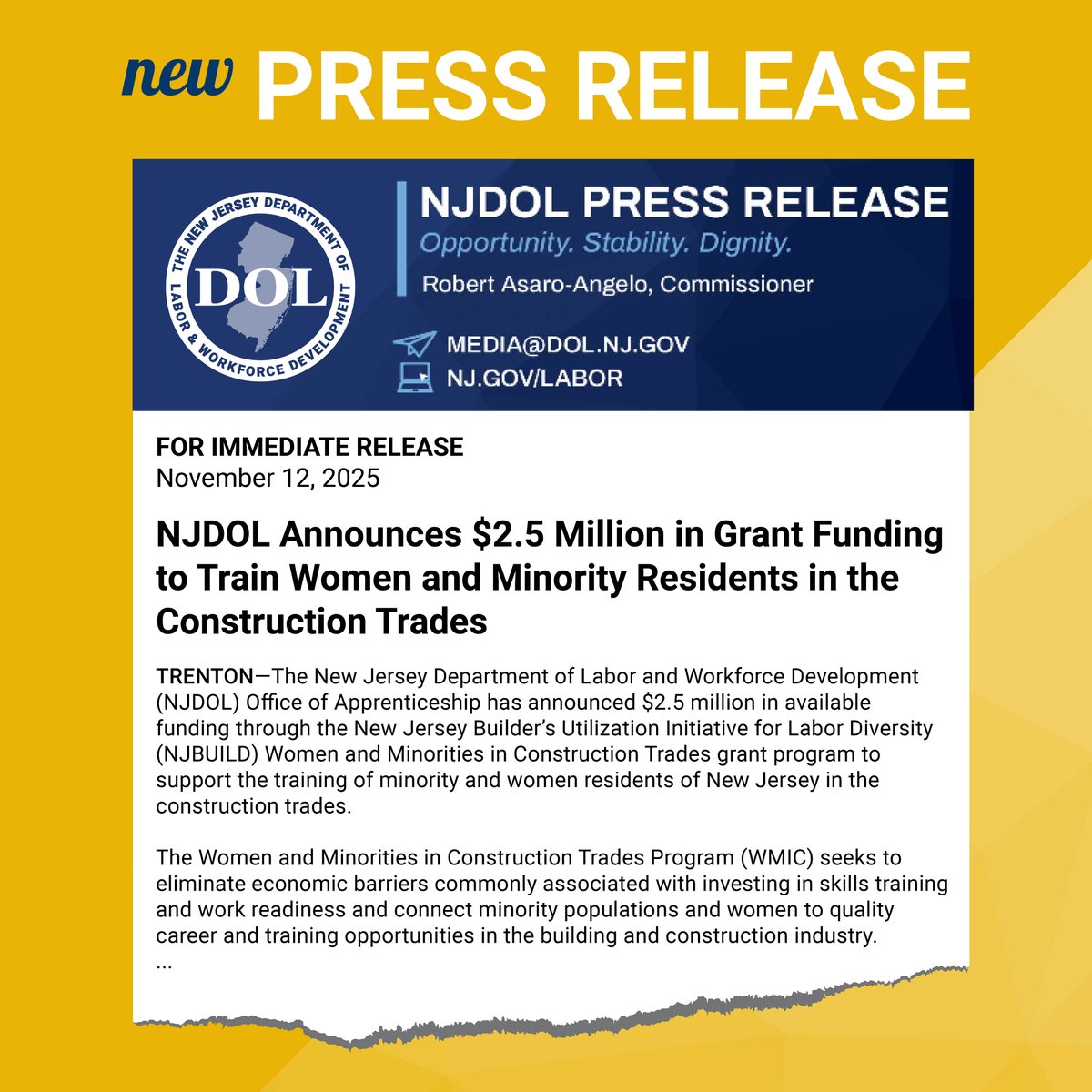 NJDOL is rolling out $2.5 million in funding through the NJBUILD Women and Minorities in Construction Trades grant program. Read the press release: ow.ly/jhh650XrNvs
