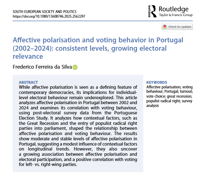 sesp_j's tweet image. 💡NEW STUDY FINDS…💡 🇵🇹
Affective #polarisation in #Portugal has not been increasing but it has become more closely associated with turnout and voting behaviour

Read the article by @Frederico_FS here 👇
tandfonline.com/doi/full/10.10…