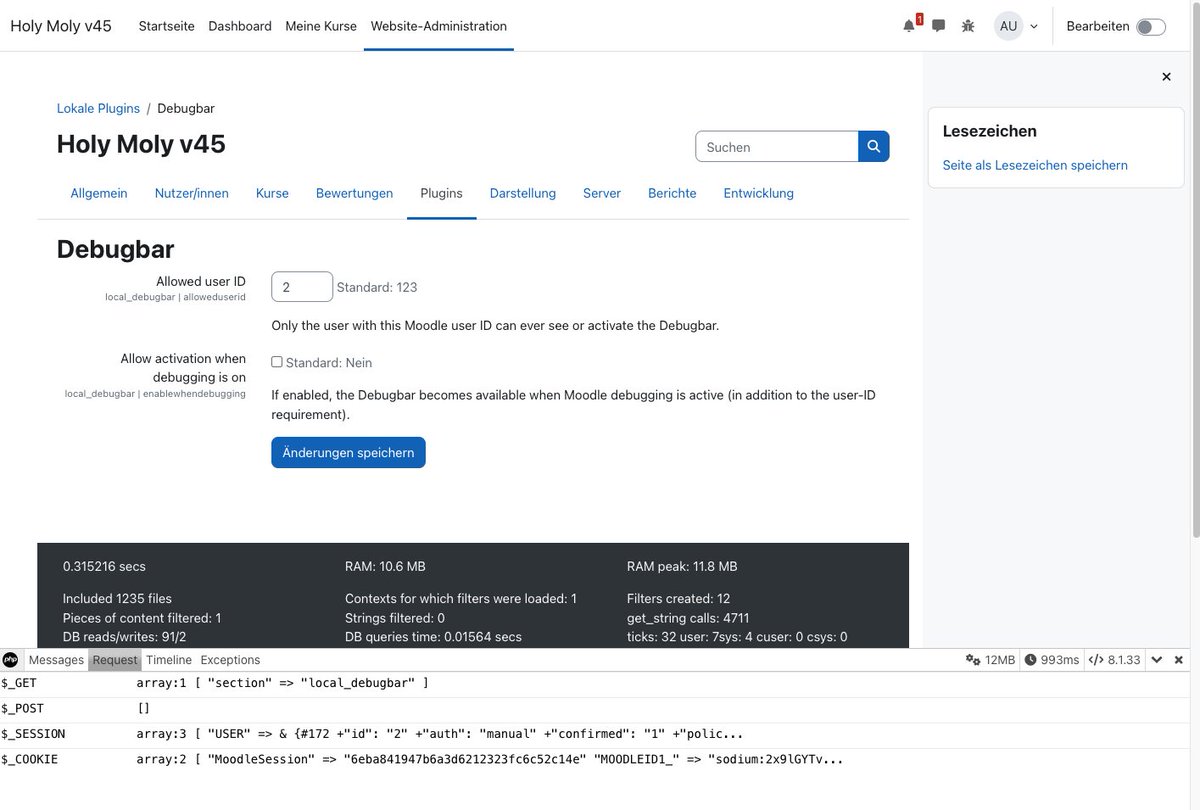 d8devscom's tweet image. Spent my hobby hours:  “Debugbar” for Moodle devs. 

Log timelines, profile requests, and keep it Composer-friendly (vendor folder included for out-of-the-box setups). Ideas for better config hooks? Drop me an issue or MR.
Repo: github.com/kzorluoglu/moo…
#Moodle #PHP #debugbar