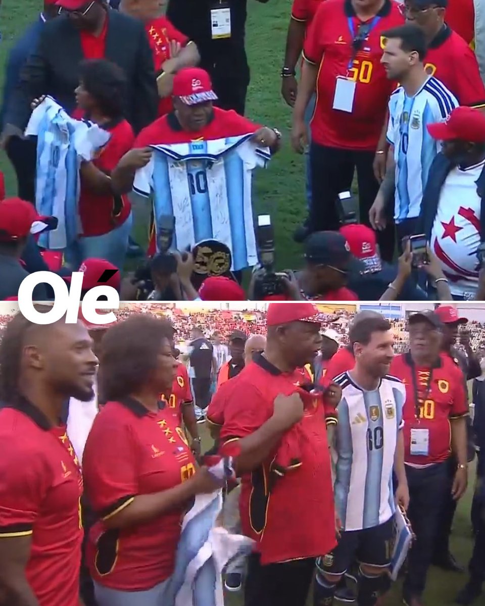 Ole |

تبادل قمصان بين ميسي ورئيس أنغولا 🇦🇷🇦🇴

🏆 بالإضافة إلى ذلك، تلقى ميسي جائزة تكريمية بمناسبة الذكرى الـ50 لاستقلال الدولة الأفريقية