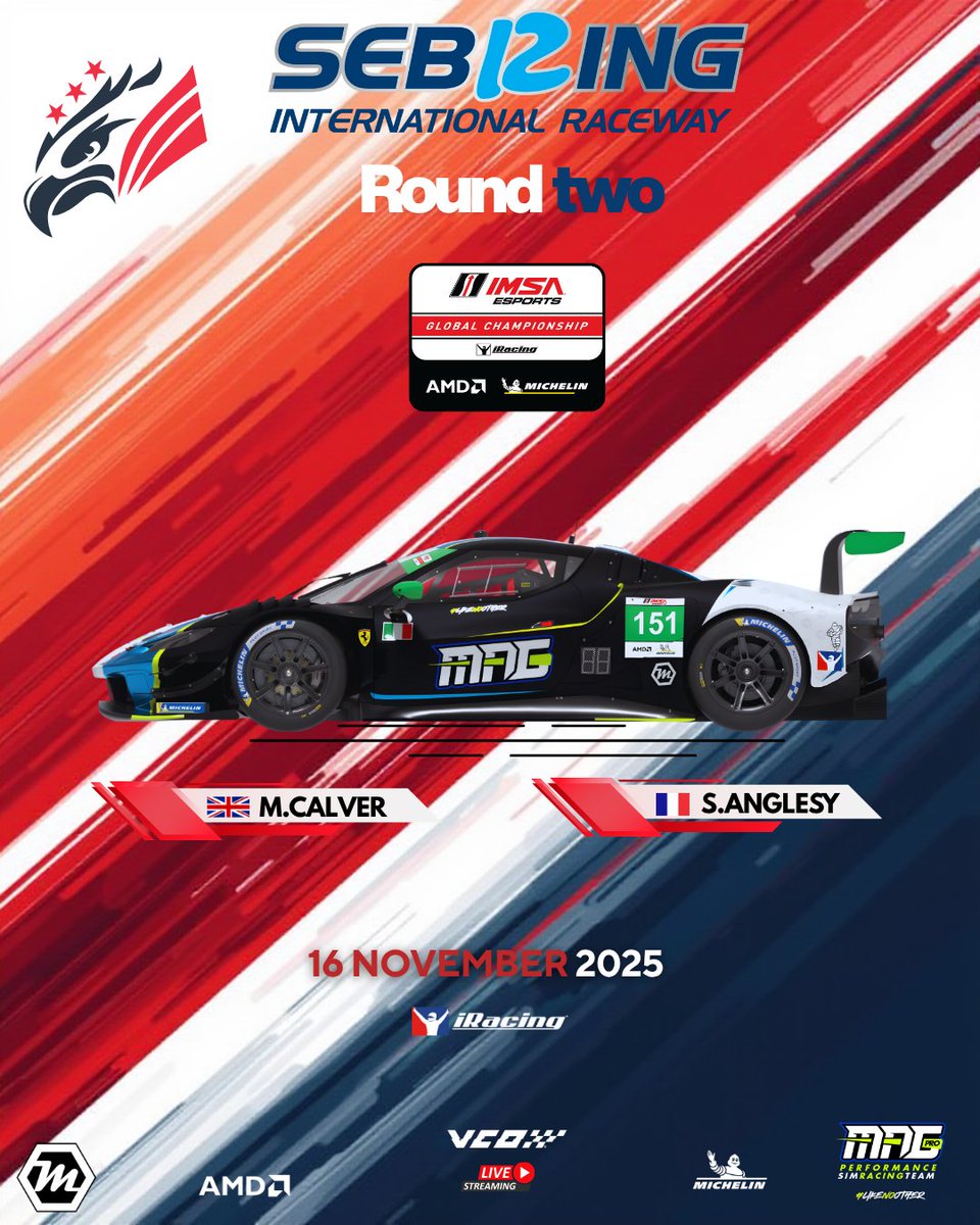 Sebring, Round 2.
MAG-Performance is back in the IMSA Esports Global Championship this Sunday, 16 Nov – 20:00 CET

Our 296 GT3 returns to battle with Mark Calver🇬🇧and Sacha Anglesy 🇫🇷ready to take on one of the toughest GTD fields in simracing.

Live on <a href="/iRacing/">iRacing</a>  &amp; <a href="/vcoesports/">VCO 🕹🏎</a> .