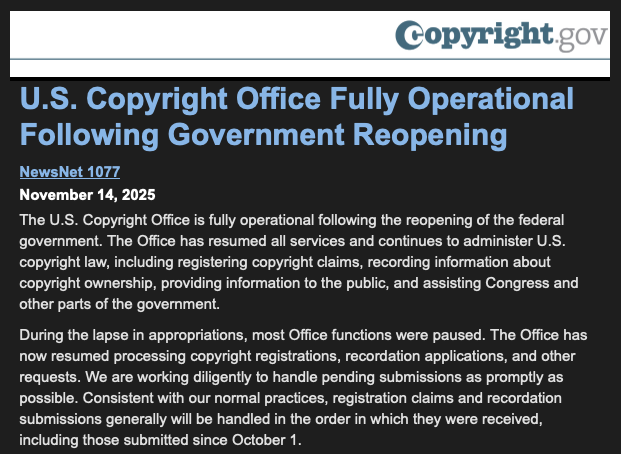 TMsAreFun's tweet image. The Copyright Office is back! 

The USPTO never left.