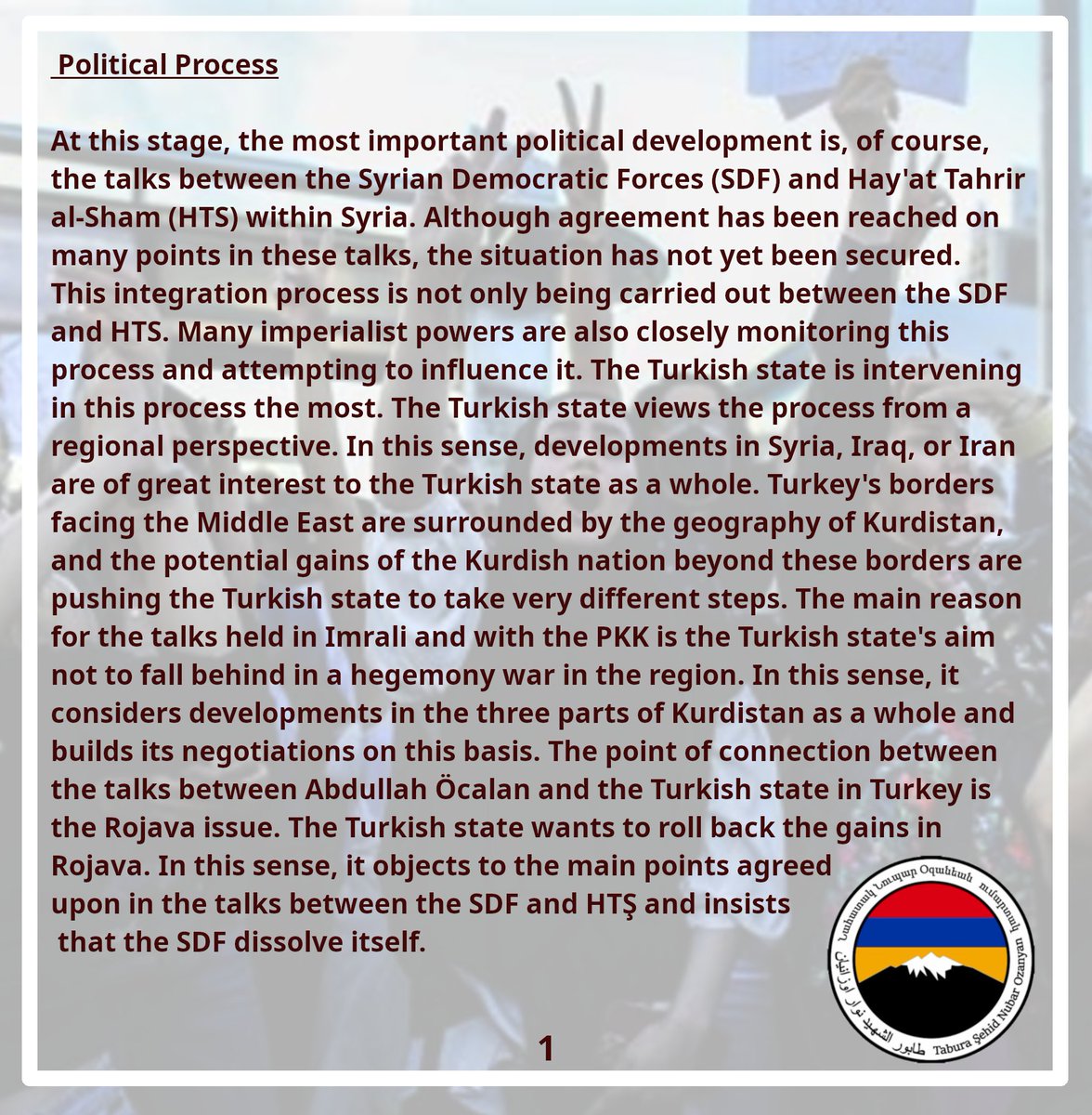 ArmeniaRojava's tweet image. Evaluation of the Political Situation of the last weeks from our Battalion.
#rojava 
#SDF
#Palestine 
#Armenia 
#Artsakh