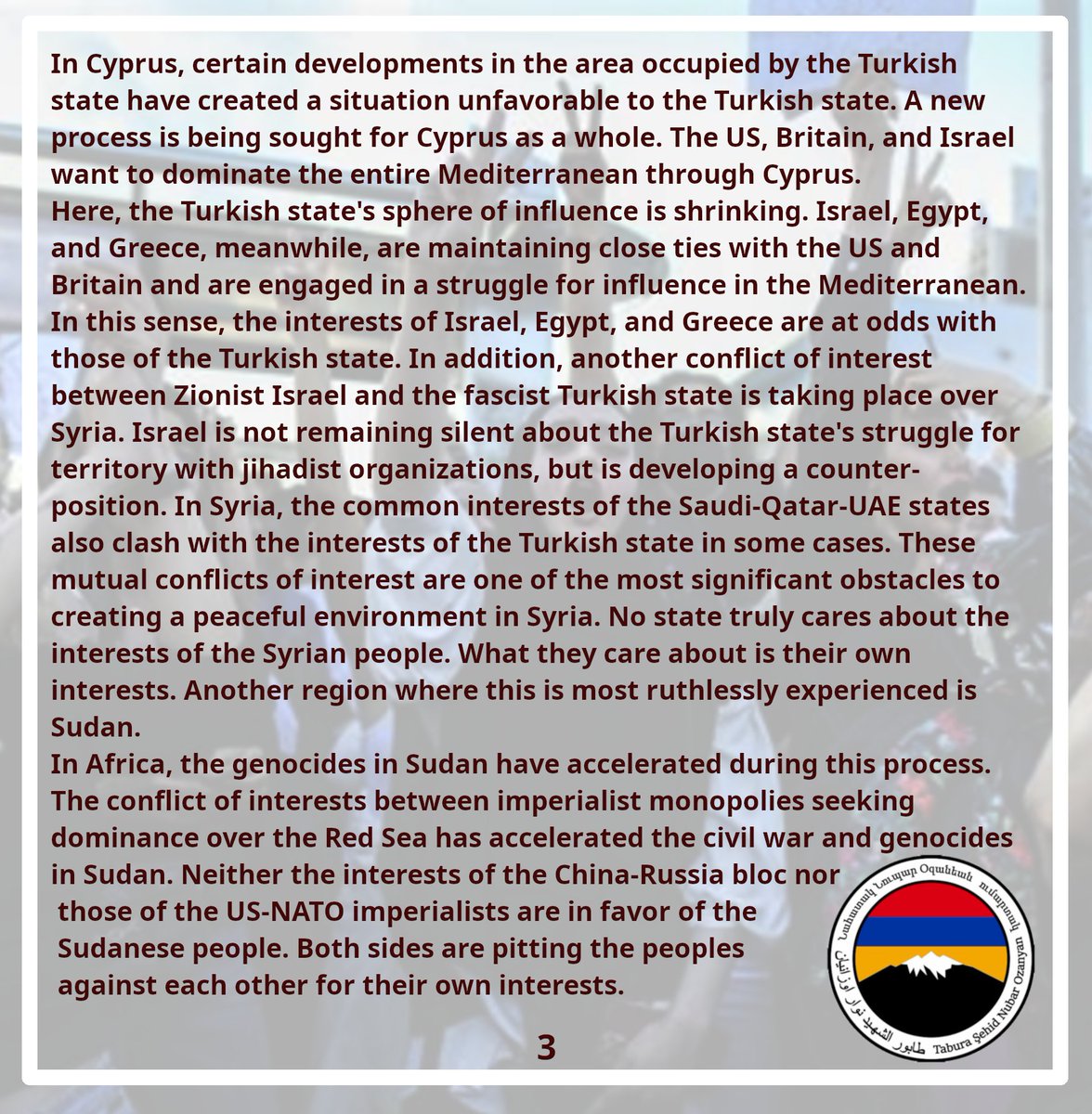 ArmeniaRojava's tweet image. Evaluation of the Political Situation of the last weeks from our Battalion.
#rojava 
#SDF
#Palestine 
#Armenia 
#Artsakh