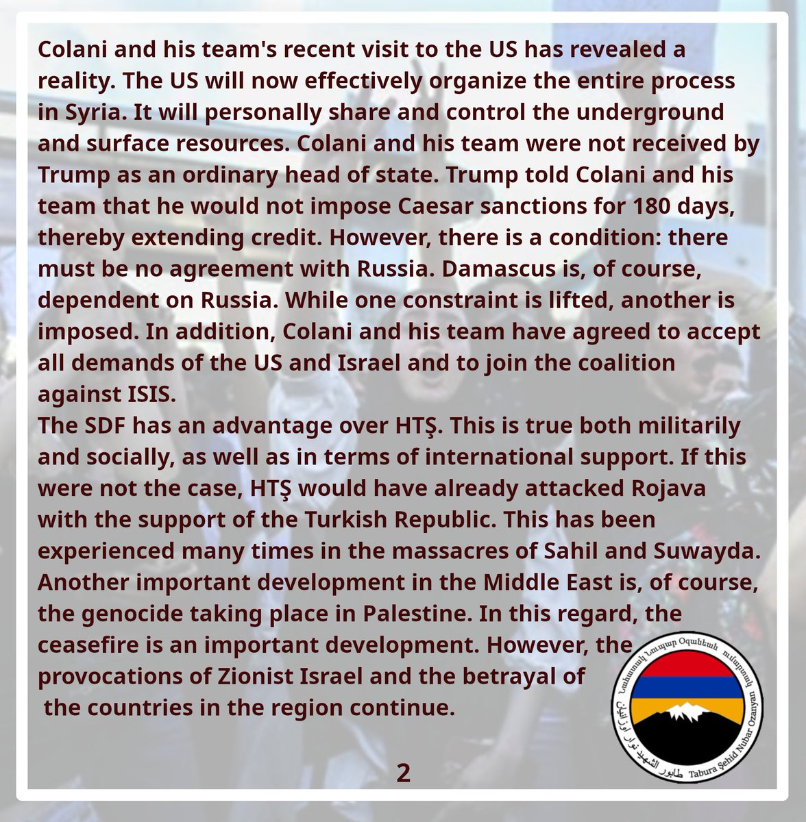 ArmeniaRojava's tweet image. Evaluation of the Political Situation of the last weeks from our Battalion.
#rojava 
#SDF
#Palestine 
#Armenia 
#Artsakh