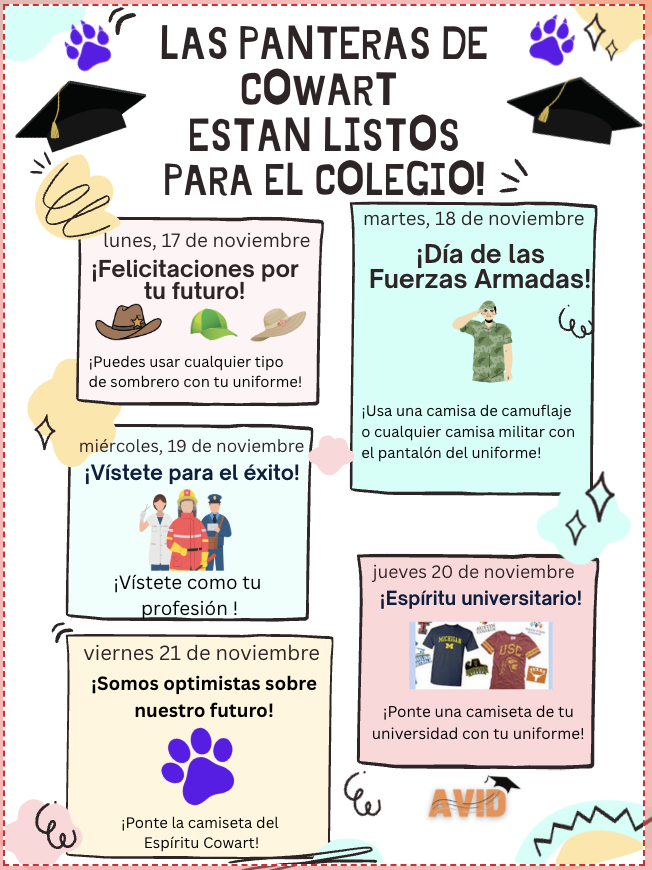 College &amp; Career Dress Up Week!

Panther Parents!  This upcoming week is College and Career Readiness week. Each day, they can dress up to support their future college and career. Let's show our spirit and believe in our student's bright futures! <a href="/CowartDISD/">Cowart Elementary</a> <a href="/CounselingDISD/">Dallas ISD Counseling Services</a>