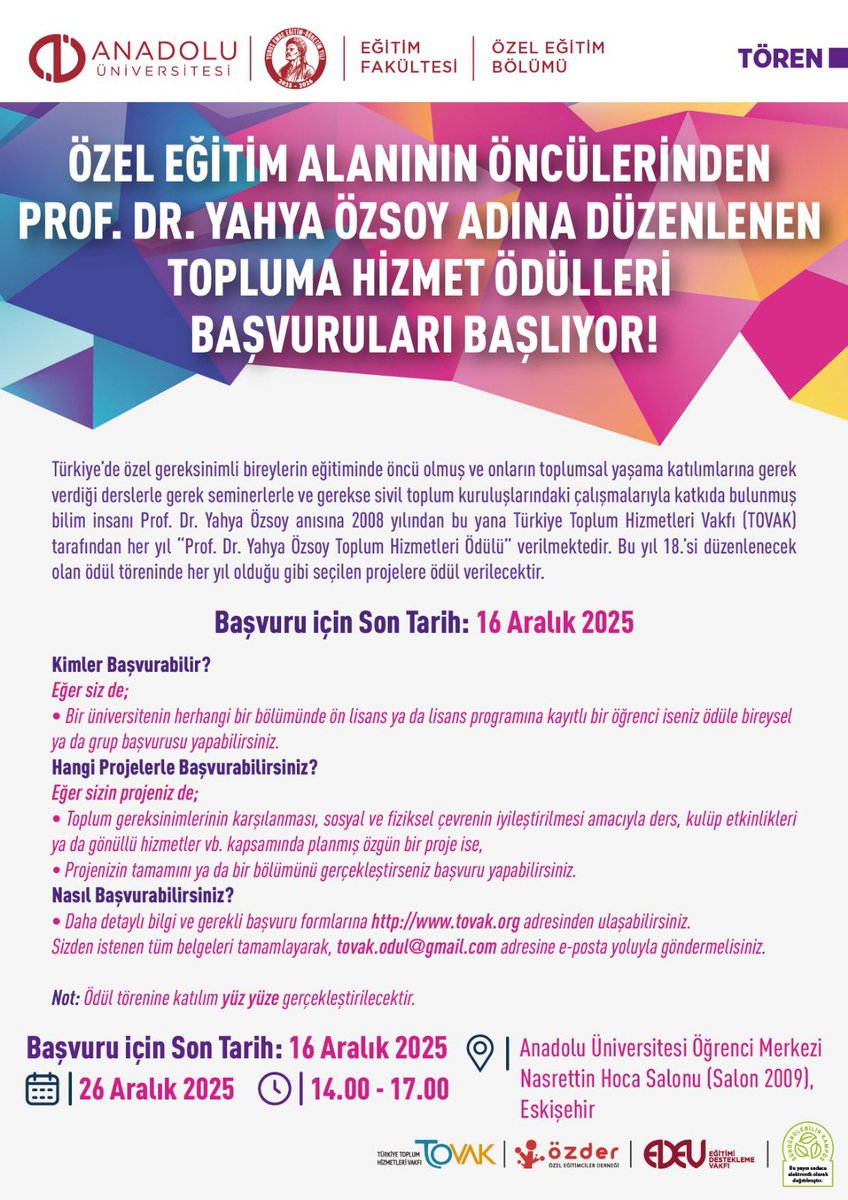 TOVAK (Topluma Hizmet Vakfı) Prof. Dr. Yahya Özsoy Adına Düzenlenen
Topluma Hizmet Ödülleri Töreninde 

ÖZDER 
Özel Eğitimciler Derneği'de 
Özel  ödül desteği vermektedir.