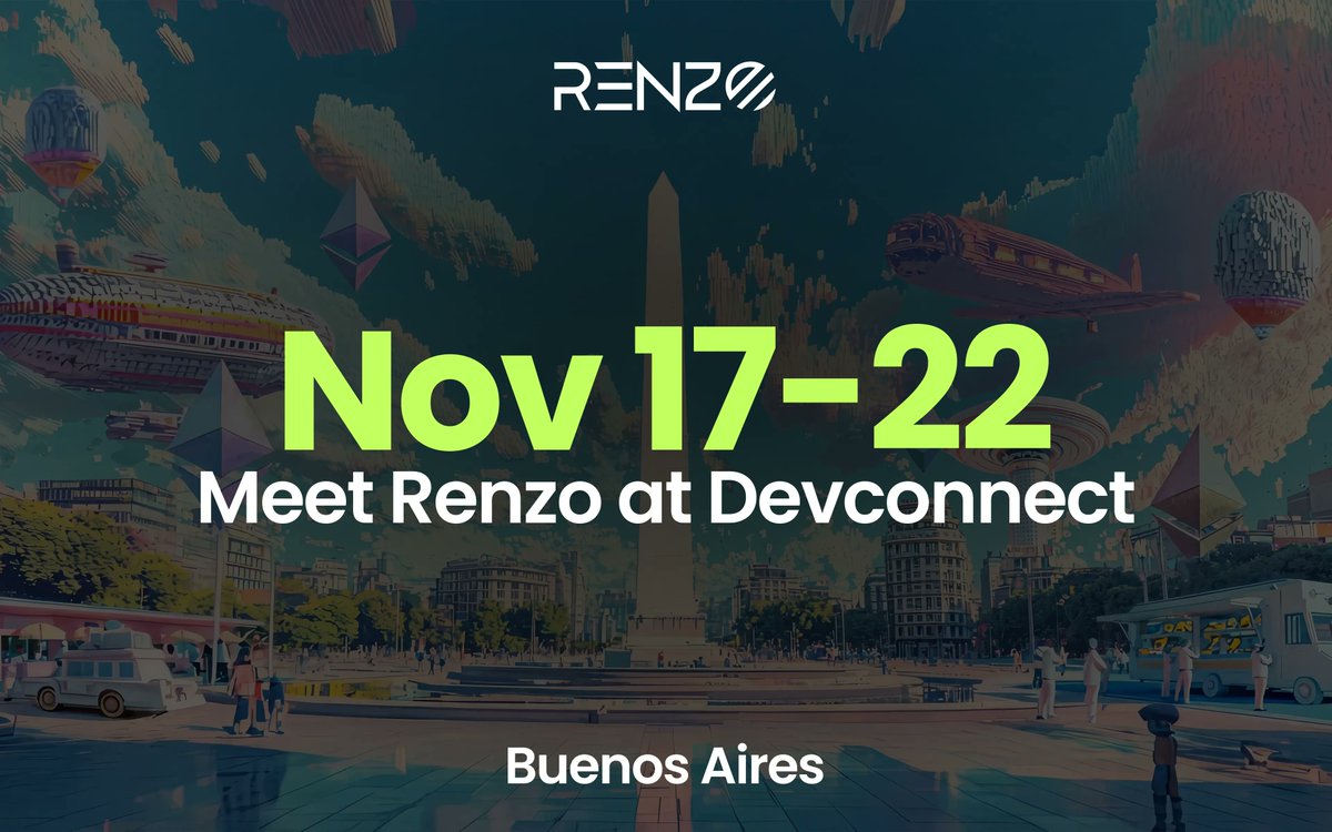 The Renzo team is heading to Argentina for Devconnect, the largest Ethereum ecosystem gathering of the year!

We're looking forward to sipping mate with the Ethereum DeFi community and personally meet users of Renzo and ezETH enjooyers.

Come by, say hello, see you soon 👋