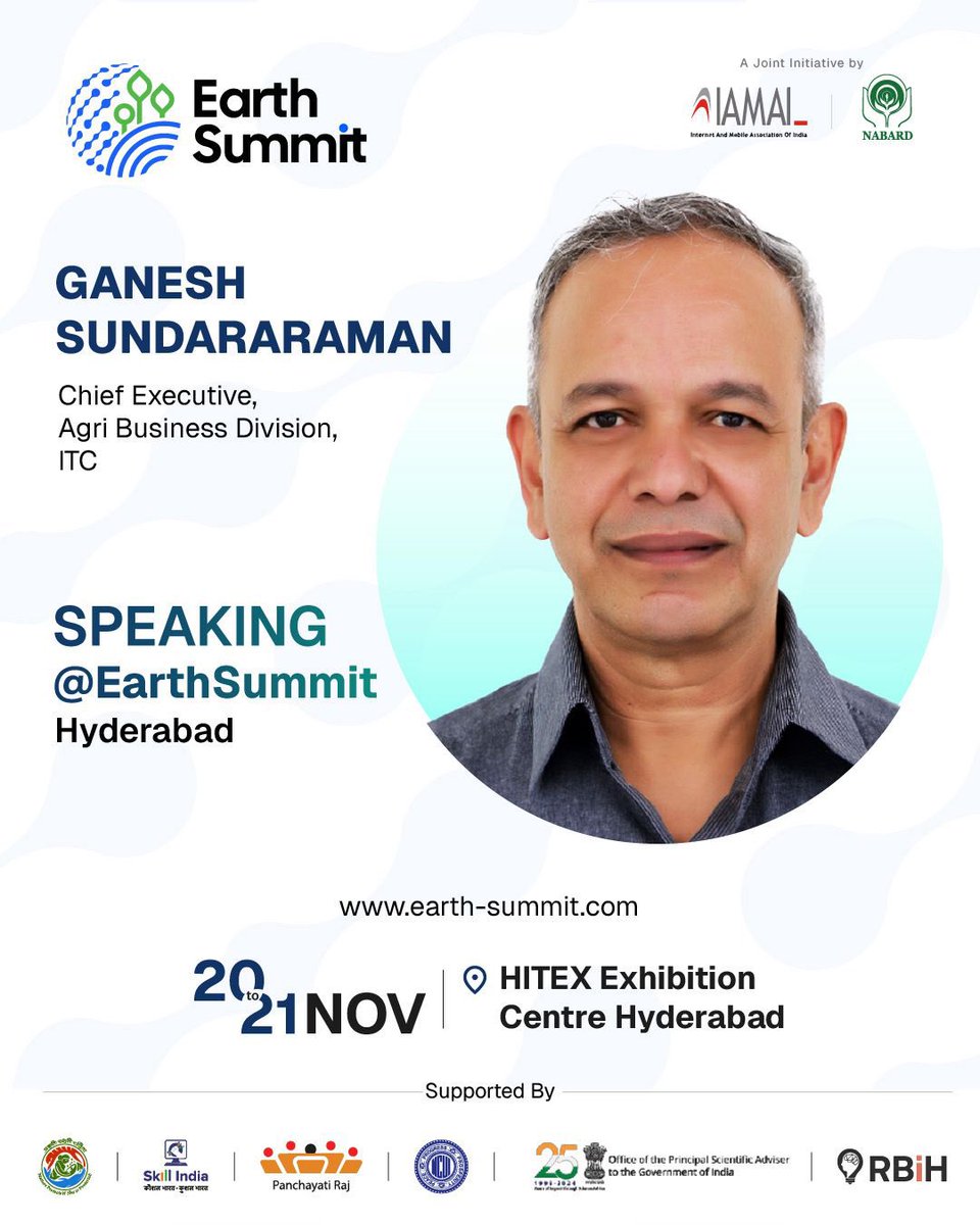 Earth_Summit_IN's tweet photo. We are proud to announce Mr. Ganesh Sundararaman as our eminent speaker at Earth Summit - Hyderabad!
Register Now- https://t.co/A9H6RuePYq
@IAMAIForum @NABARDOnline @ITCCorpCom
#EarthSummit #RuralTech #RuralInnovation https://t.co/zr09conq05