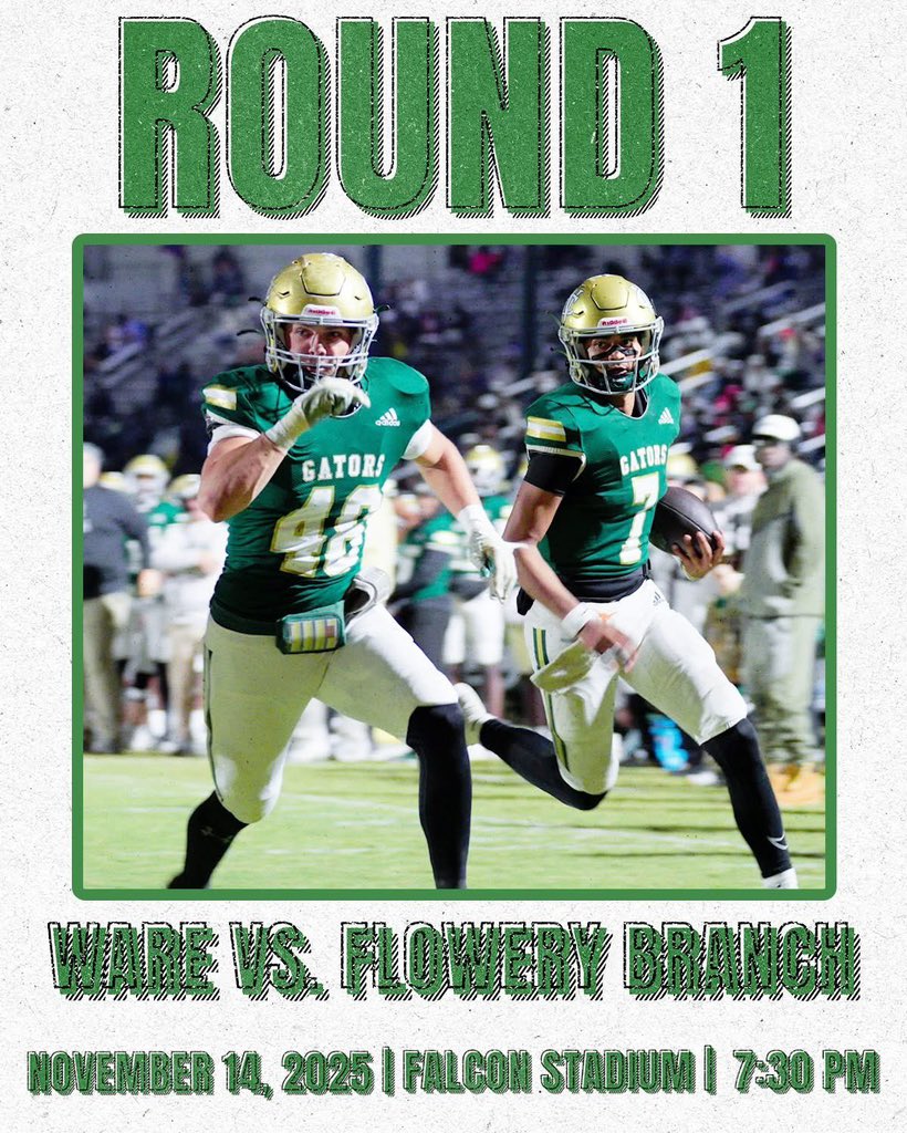 WareFootball's tweet image. GAMEDAY 🐊

📍Flowery Branch, GA
🕢 7:30 PM
📺 NFHS NETWORK

#GoGators