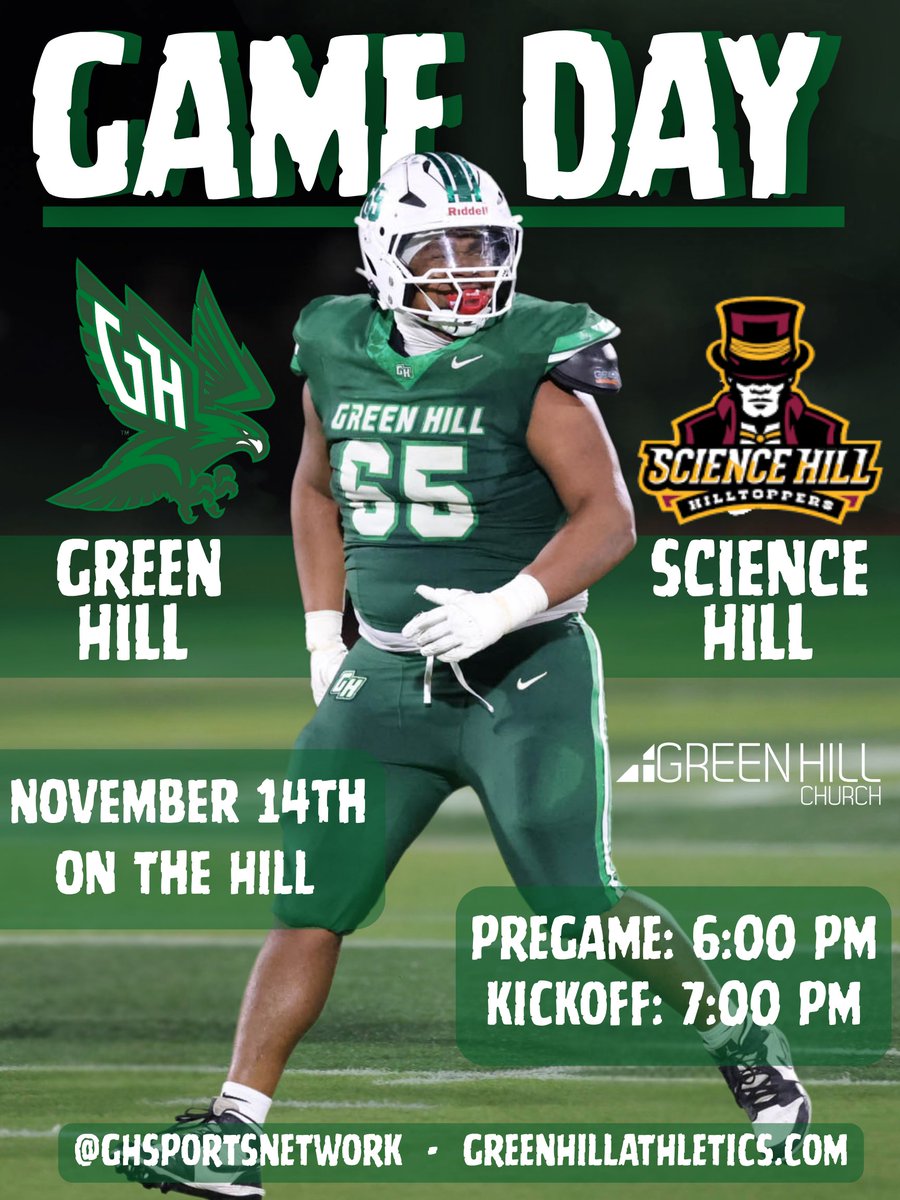 Here's information about tonight's <a href="/GreenHill_Hawks/">Green Hill Football</a> Class 6A Second Round playoff broadcast:

📍Green Hill High School
🆚Science Hill Hilltoppers
🎙️Christian Kaposy, Chase Owens and Brady Ray
⏰Pregame - 6 PM/Kickoff - 7 PM
🔗webca.st/271101
📻87.7 FM (in-stadium only)