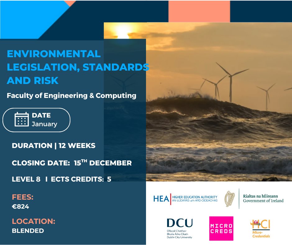 Understand how environmental laws and standards shape engineering and sustainability

DCU’s Environmental Legislation, Standards &amp; Risk microcredential covers EU directives, compliance, ethics &amp; risk management for professionals

Learn more 👉 dcu.ie/micro-credenti…
<a href="/MicroCreds/">MicroCreds</a>