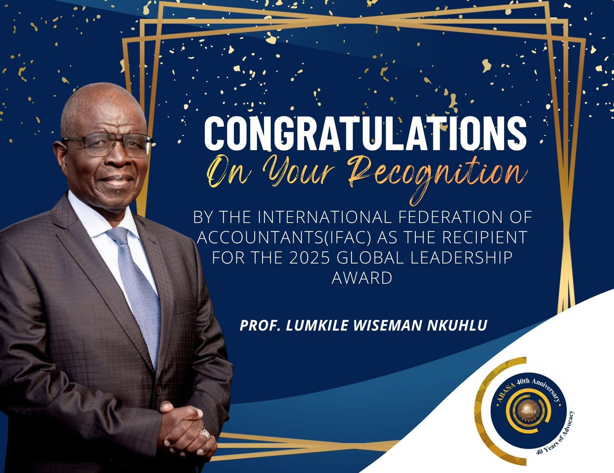 ABASA proudly congratulates Prof. Lumkile Wiseman Nkuhlu on being honoured by (IFAC) with the 2025 Global Leadership Award.
His lifelong commitment to ethical leadership, transformation, and excellence continues to inspire generations of professionals across SA and the world.