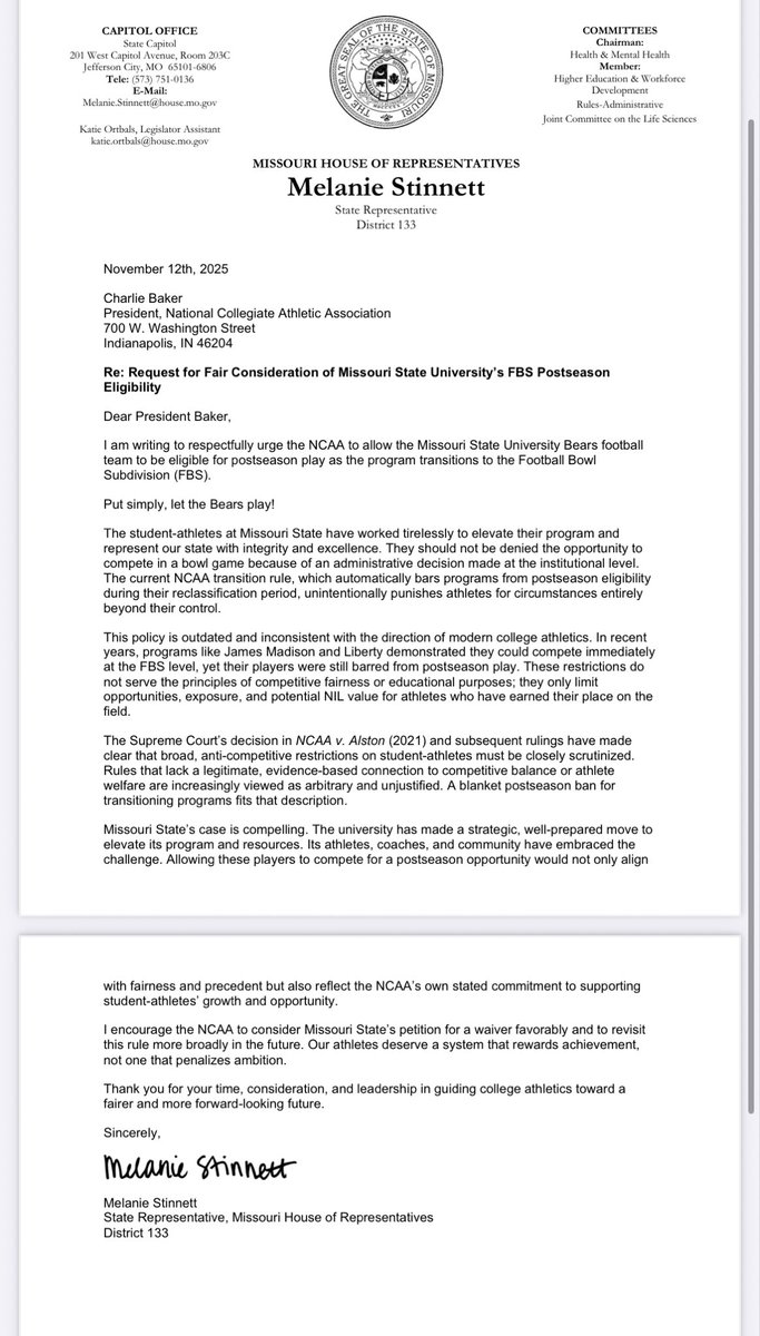 State representative <a href="/MStinnettSWMO/">Melanie Stinnett</a> has sent a letter to <a href="/NCAA/">NCAA</a> requesting Missouri State football to be allowed to compete in a bowl game.